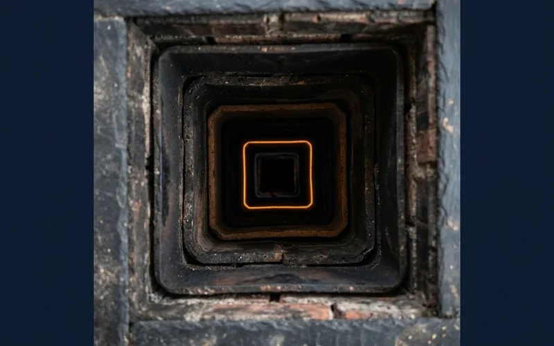Minimal cross-section abstraction of a vertical flue drawn as nested outlines