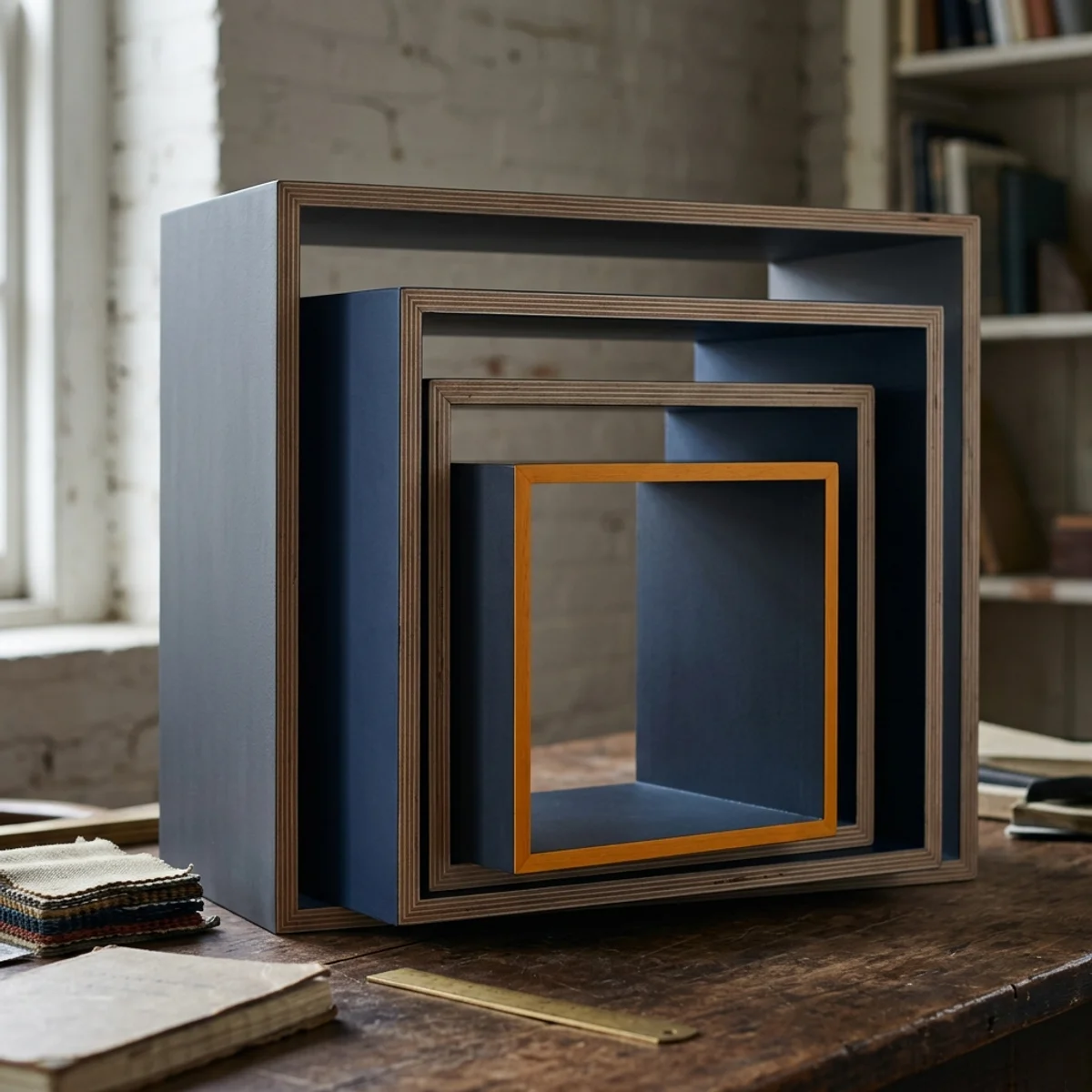 Abstract editorial arrangement of nested rectangular volumes with a single amber edge
