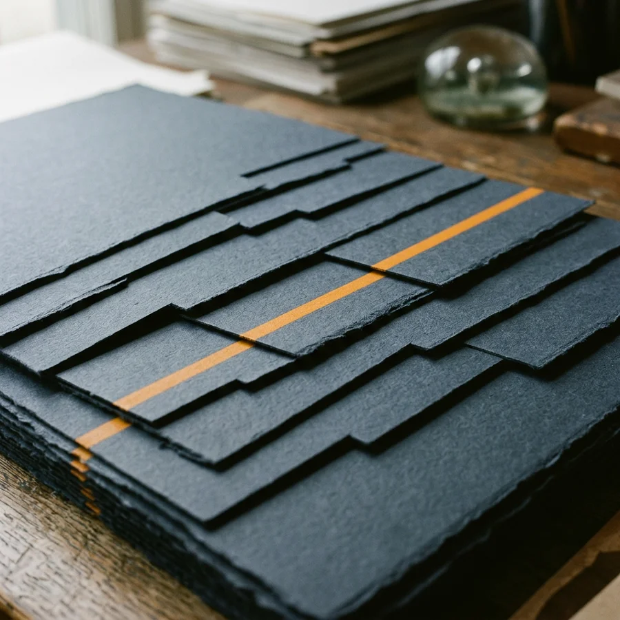 Abstract editorial block of layered geometric planes crossed by a single amber level line
