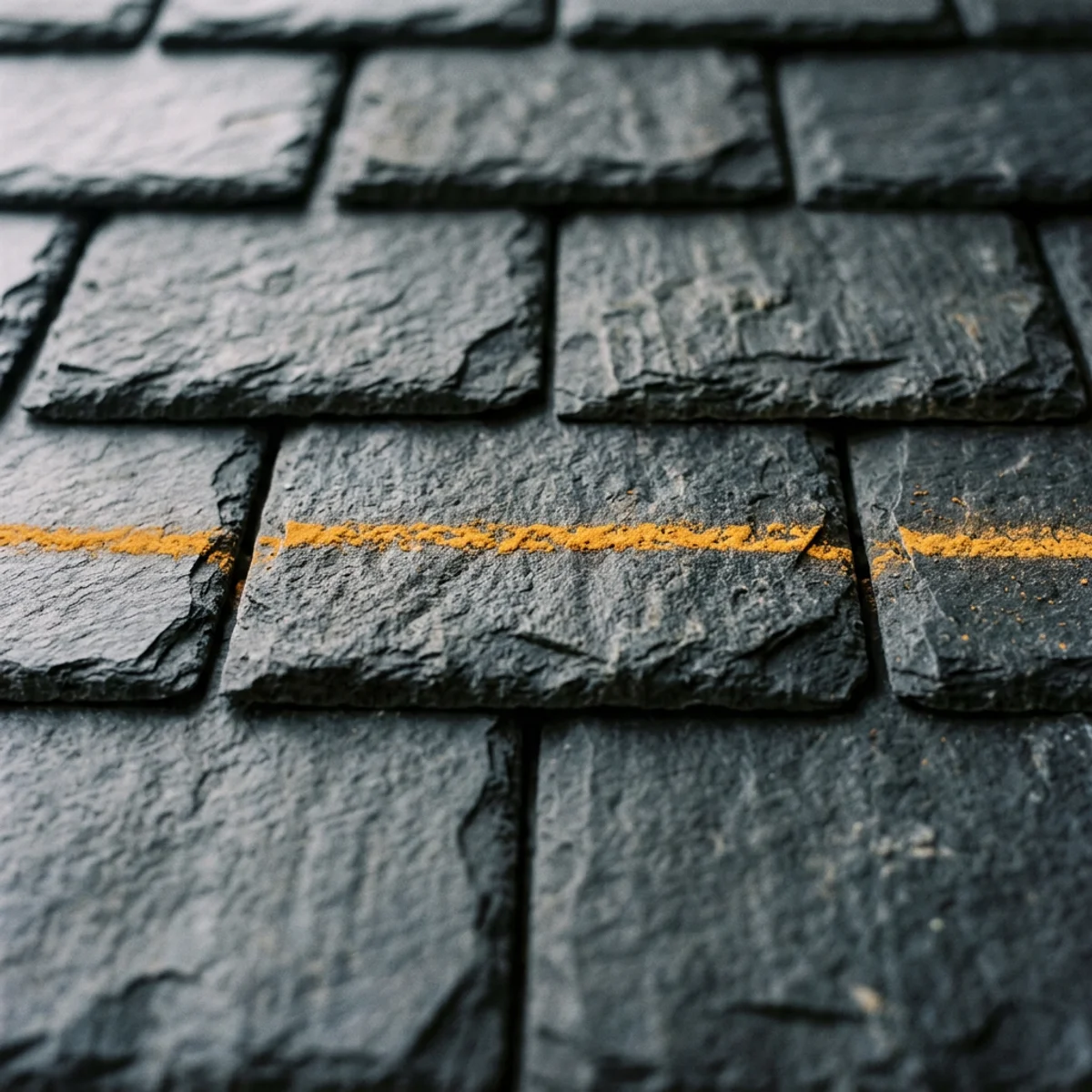 Abstract editorial motif of overlapping slate planes crossed by a single amber level line