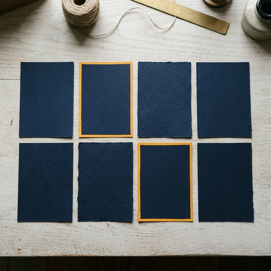 Abstract editorial grid of eight equal panels with two marked by an amber edge