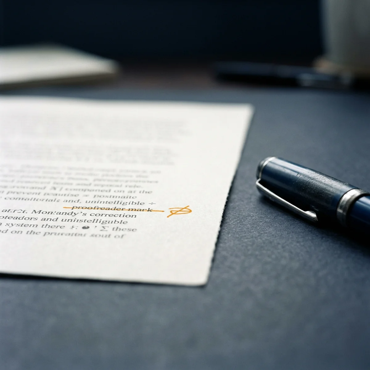 Abstract editorial motif of a correction mark and proofreading glyph in navy with an amber accent