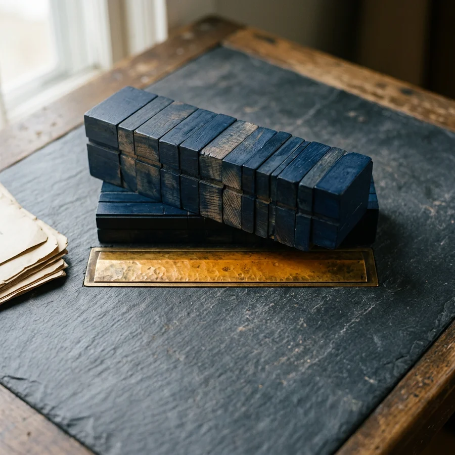 Abstract editorial motif of a masthead block reduced to flat rectangles with an amber rule