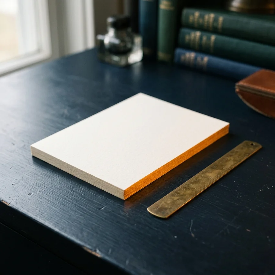 Abstract editorial motif of a plain correspondence card and postal rule in navy with an amber edge