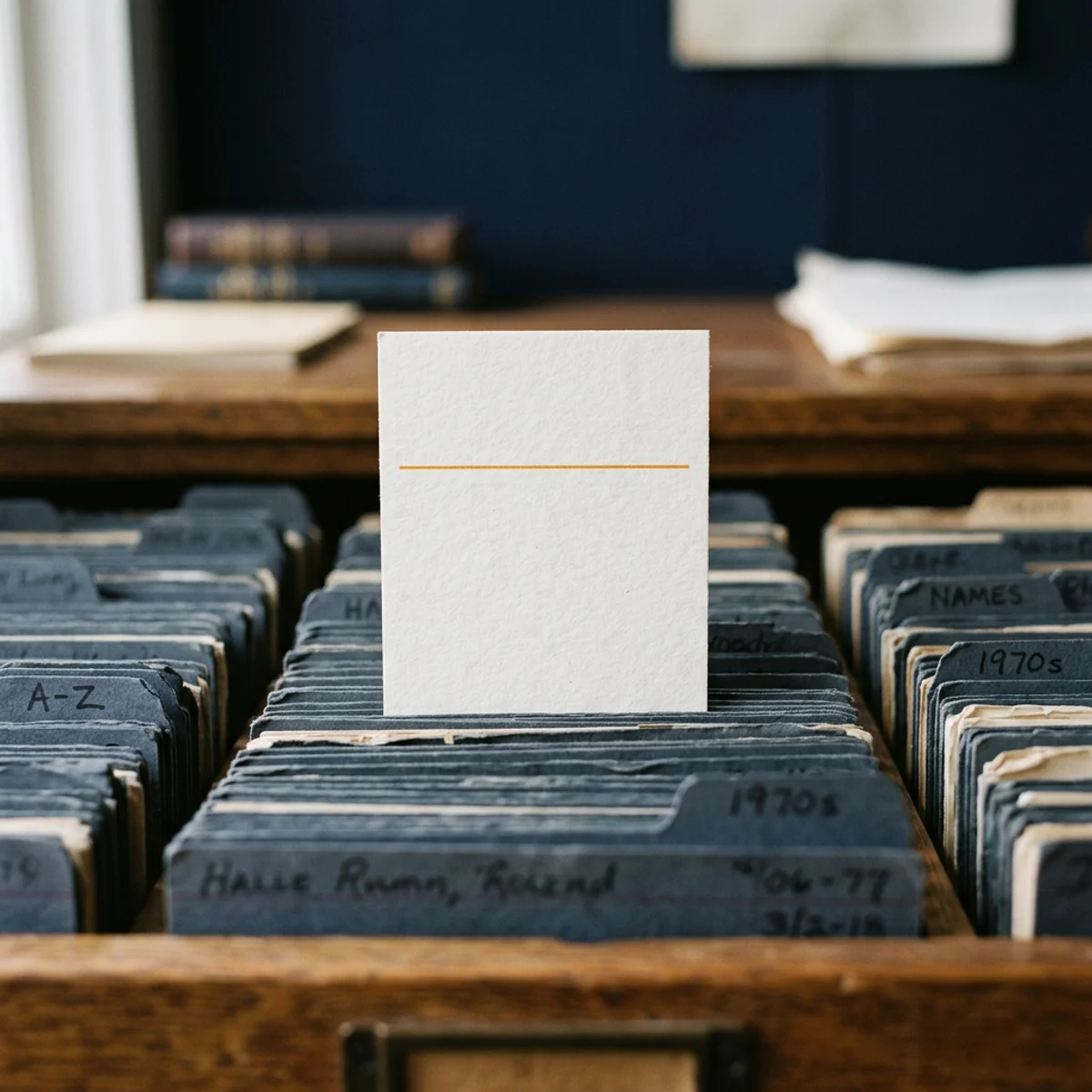 Abstract editorial motif of a registry lookup record card in slate and navy with an amber index line