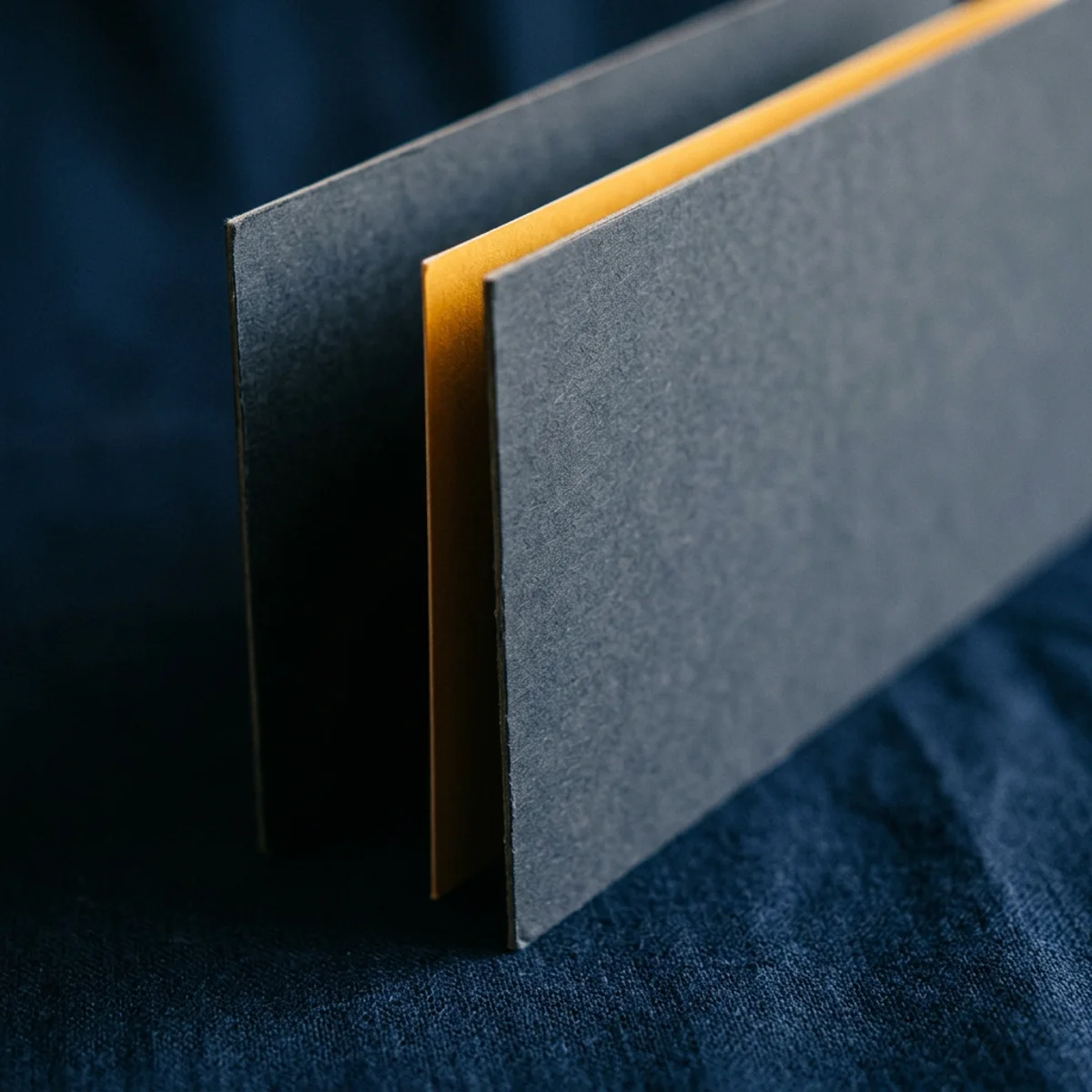 Abstract editorial motif of an opaque barrier separating two columns in deep slate and navy with an amber accent