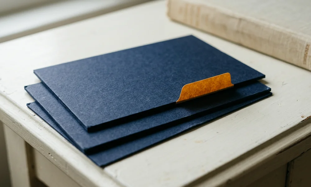 Abstract editorial motif of three stacked reference cards drawn as plain outlines with an amber index tab