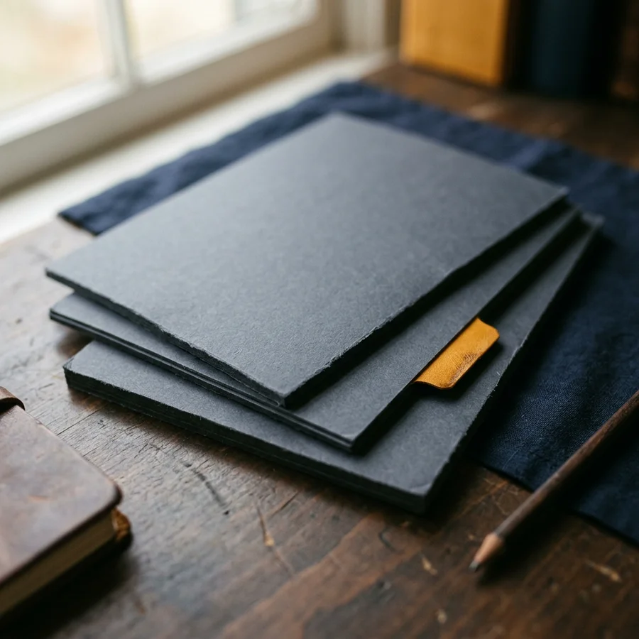 Abstract editorial motif of three stacked reference sheets with one amber index tab