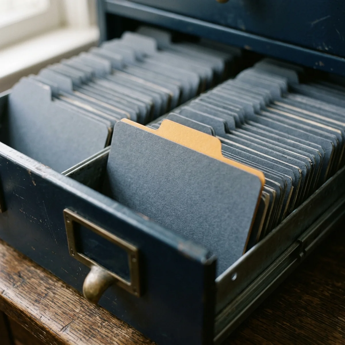 Abstract editorial motif suggesting an open public record index card in navy and slate with an amber accent
