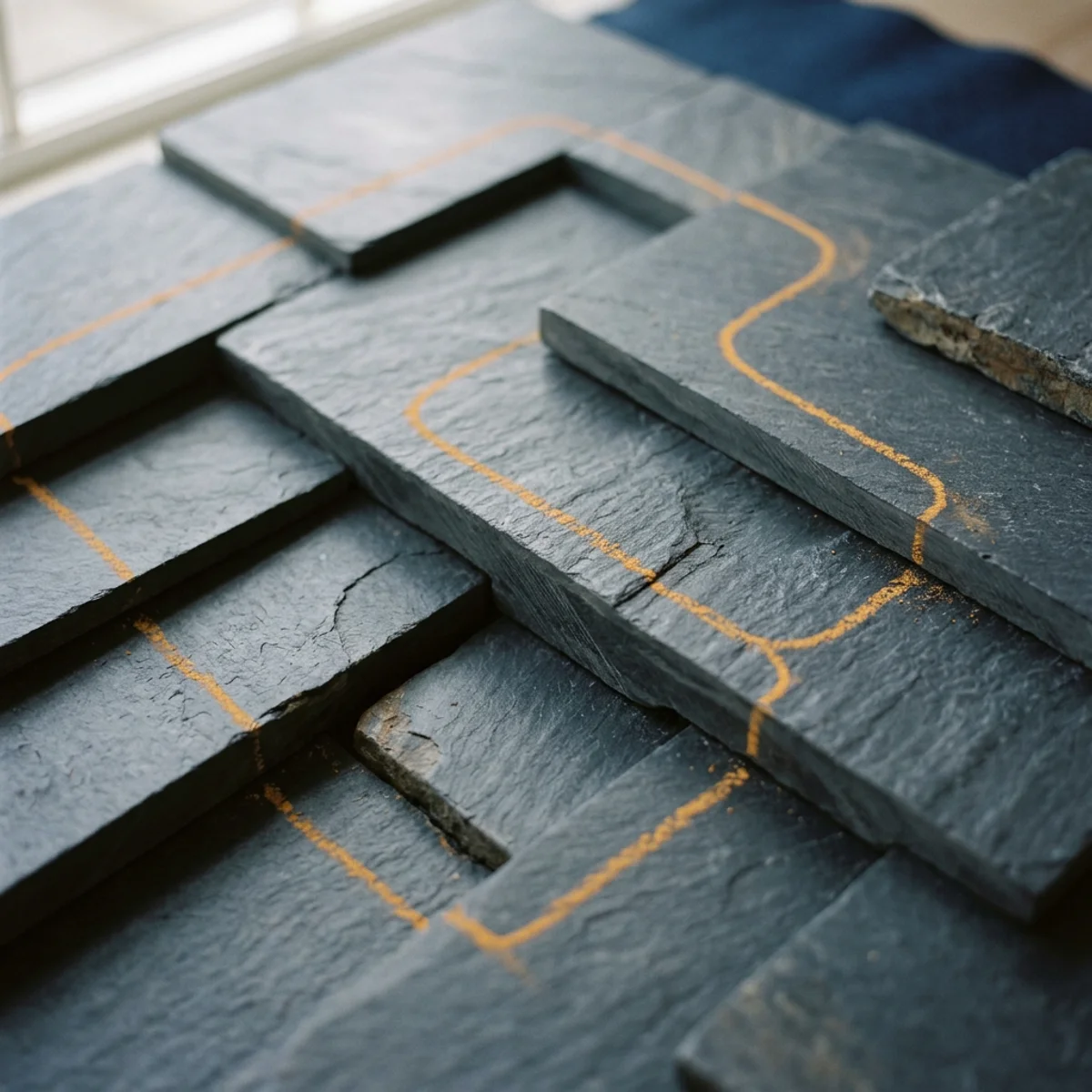Abstract editorial plan view of stepped terraces with one amber contour line