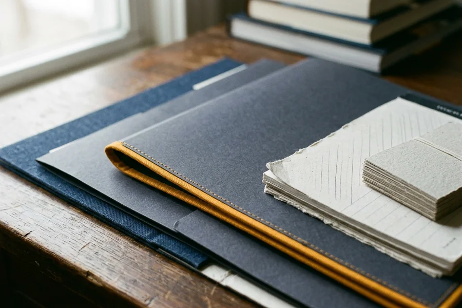 Abstract editorial still of an ordered desk surface reduced to flat overlapping rectangles