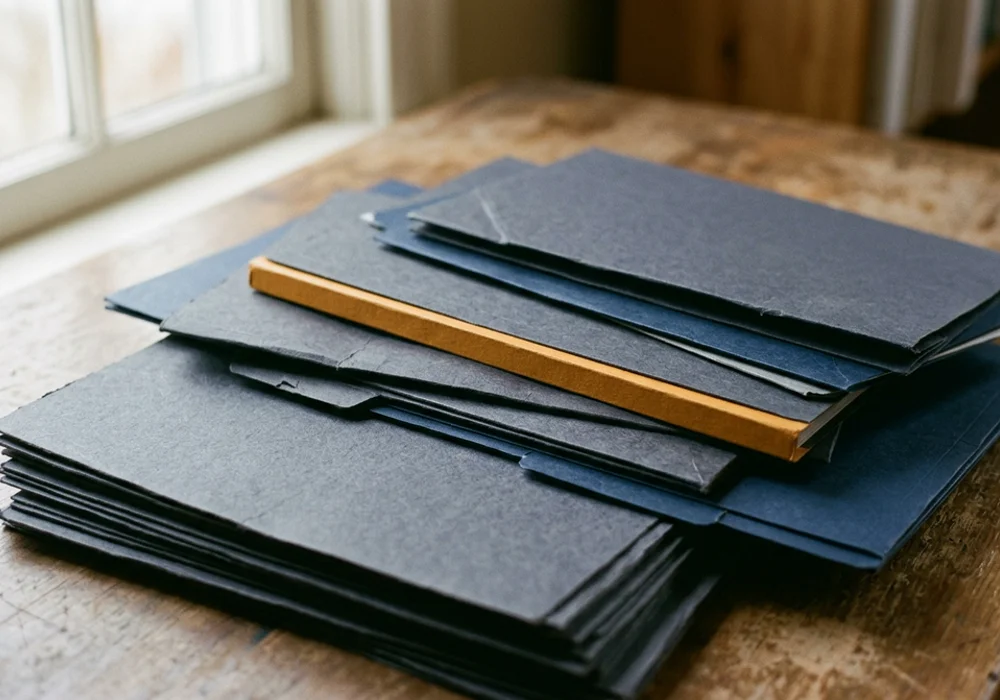 Abstract editorial still of an ordered working surface reduced to overlapping flat rectangles