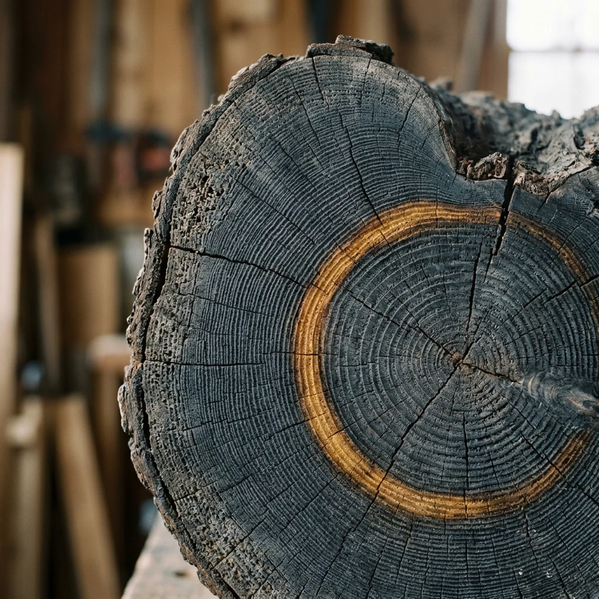 Abstract editorial study of concentric growth rings with a single amber ring