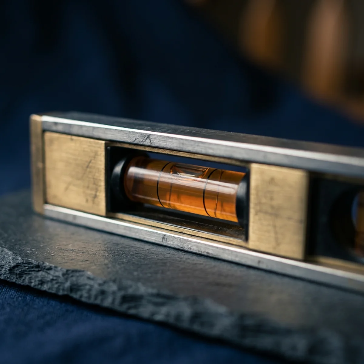 Abstract editorial motif of a level and balance concept in deep slate and navy with a warm amber accent line